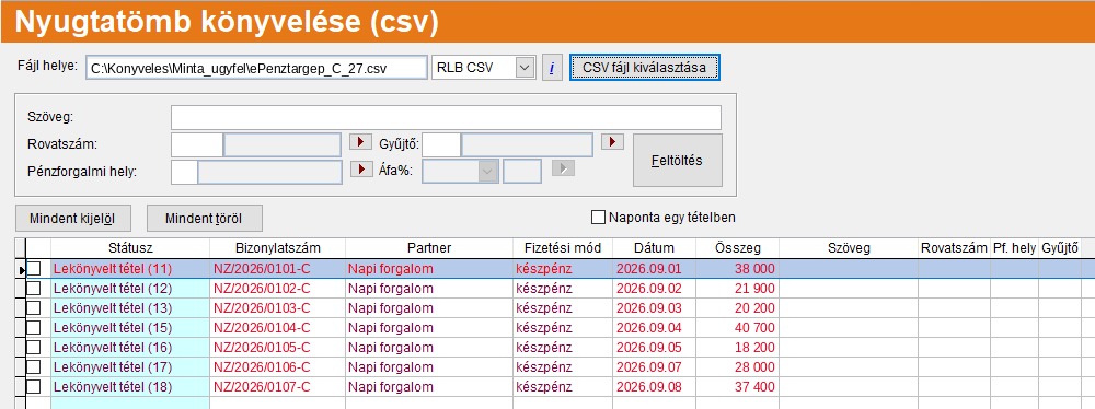 Lekönyvelt nyugtatömb-tételek az RLB Pénztárkönyvben, mintaadatokkal